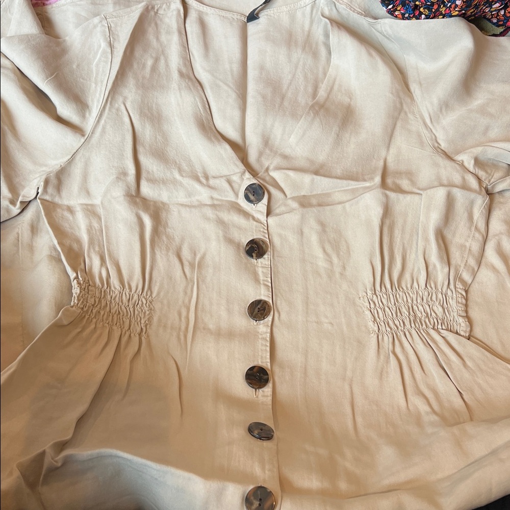 Zara Tan Button-Front V-Neck Midi Dress